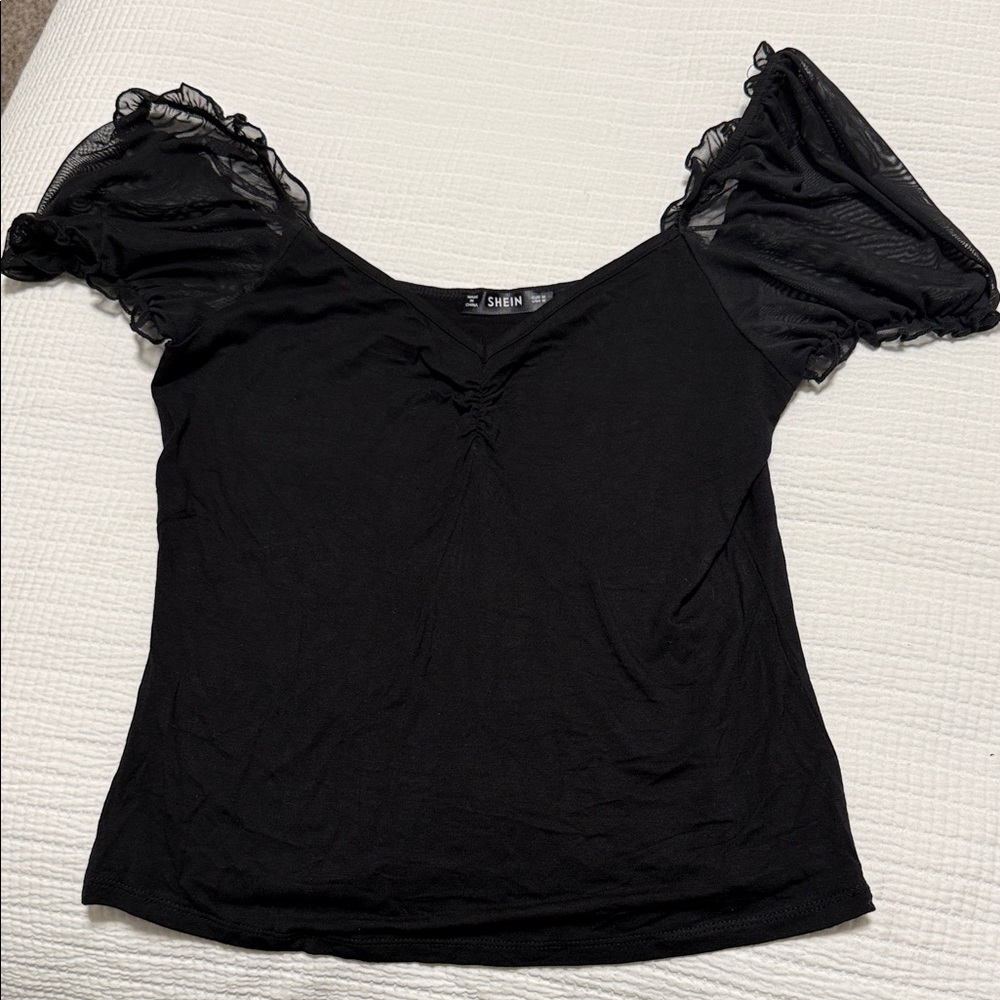 SHEIN Elegant Black Mesh Sleeve Blouse